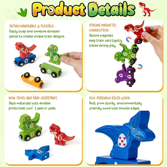 Atoylink Toddler Dinosaur Sorting and Stacking Toys with Magnetic Wooden Dinosaur Train Set, Baby Number Blocks Nesting Boxes Preschool Learning Montessori Toys for 3 Year Old Boys Girls Gift