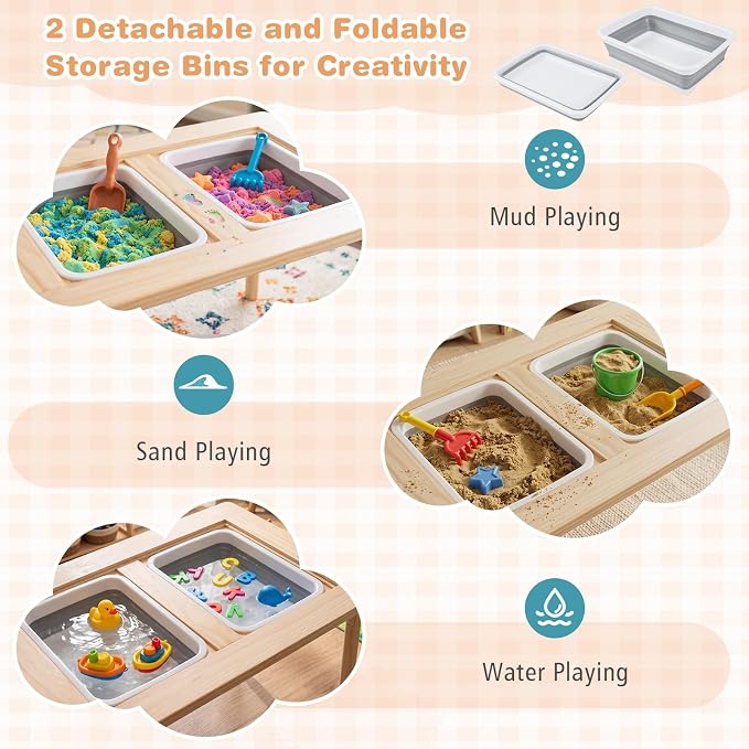 HONEY JOY Sensory Table and Chair Set, Wooden Sand & Water Activity Set w/Adjustable Height, Dual Sided Top, 2 Bins, Paper Roll & 2 Hooks for Art, Study, Craft, Gift for Boys Girls 3+