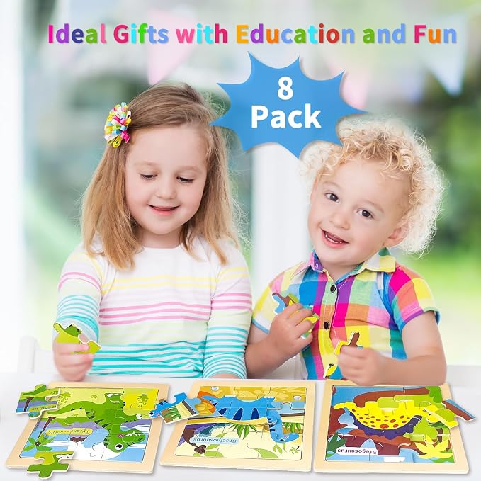 Wooden Puzzles for Toddlers 3+, 9 Pieces Dinosaur Jigsaw Puzzles for Kids Ages 3-5, Preschool Learning Activities, Learning & Educational Toys, Gifts for Boys, Girls