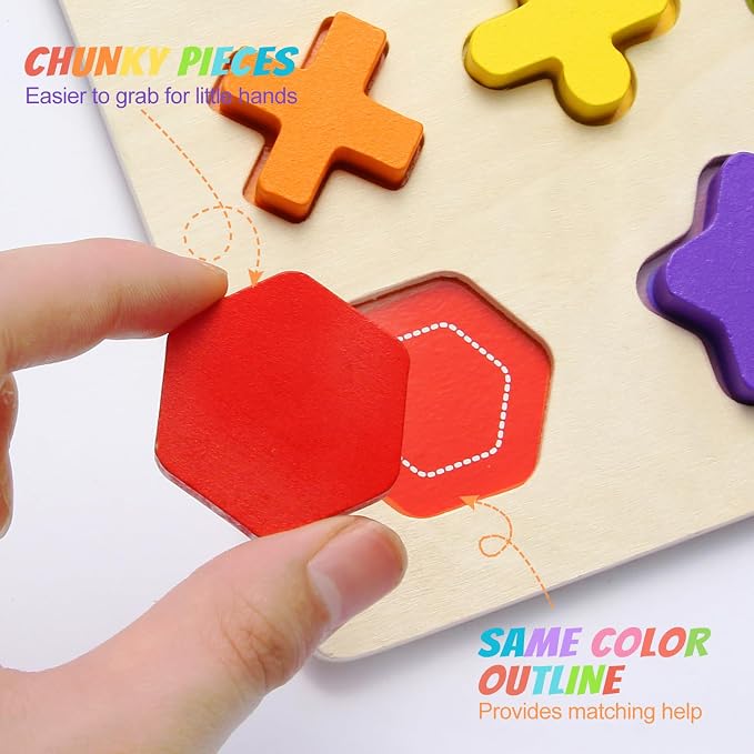 Wooden Number Shape Puzzles, Math Learning Toys for Toddlers | Thick Easy-Grip Solid Wood Letters, Preschool Early Learning Activities, Montessori Birthday Gift for Girls & Boys