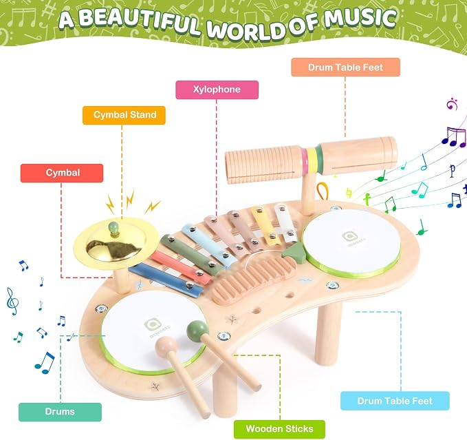 Asweets 7 in 1 Kids Drum Set for Toddlers | Wooden Xylophone Musical Instruments Kit for Toddler, Baby Drum Set Montessori Toys Sensory Toys Birthday Gifts (Moon)