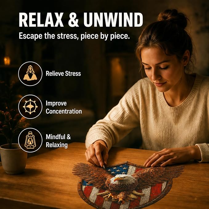 USA 250th Anniversary Wooden Puzzle for Adults, 200pcs American Eagle Puzzle Wooden Jigsaw Puzzle for Adults, Irregular Unique Shaped Wood Puzzle, Challenging Puzzle Gifts for Men & Veterans