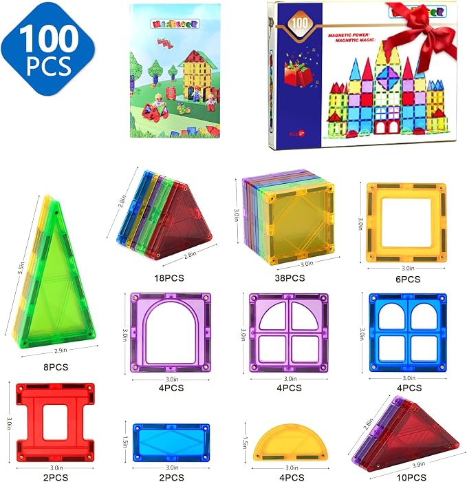 MAGBLOCK 100 Piece Magnetic Tiles,Building Blocks for Kids 3+ | Magnetic Blocks Preschool Building Sets Educational Toys for Kids Boys and Girls,shape & color recognition