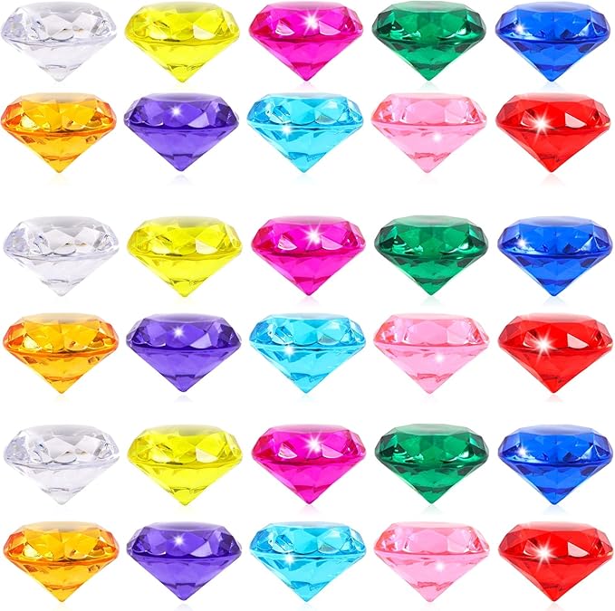 Niceup 52PCS Kids Gems Diamond Toys 1.57in Treasure Jewels Pool Diving Swimming Game Toy Crystal Acrylic Plastic Gemstones for Pirate Mermaid Princess Party Favors Decor