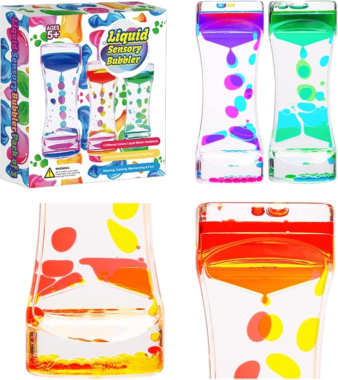 Liquid Motion Bubbler - 3 Pack Kids and Adults Sensory Toys | Water Timers Fidget Toys Sensory Play - Colorful Hourglass for Home Office Desk Decor Fidget Tubes