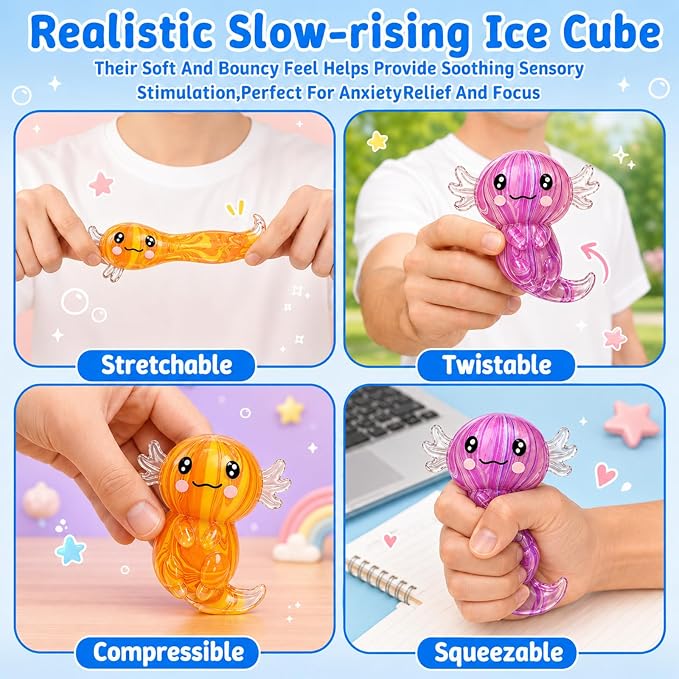2 Pcs Axolotl Squishy Stress Relief Toy, Stretchy Axolotls Stress Soft Squeeze Sensory Fidget Toys for Kids Adults, Cute Axolotls Squishies Party Favors Classroom (YellowPink)