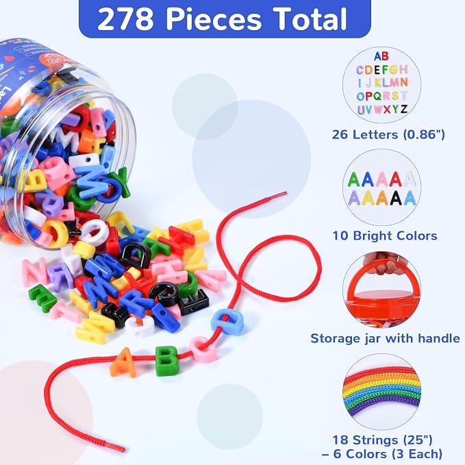 278 Pcs Lacing Letters Beads, 10 Color Alphabet Letter Beads Learning Toys with 18 Laces, Uppercase ABC Bead Letters Toys for Kids Ages 3+, Home Manipulatives for Preschoolers, Back to School Supplies