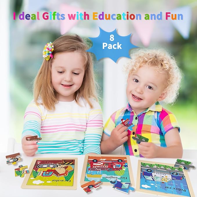 Wooden Puzzles for Toddlers 3+, 9 Pieces Vehicle Jigsaw Puzzles for Kids Ages 3-5, Toddler Toys for Preschool Learning Activities, Learning & Educational Toys, Gifts for Boys, Girls