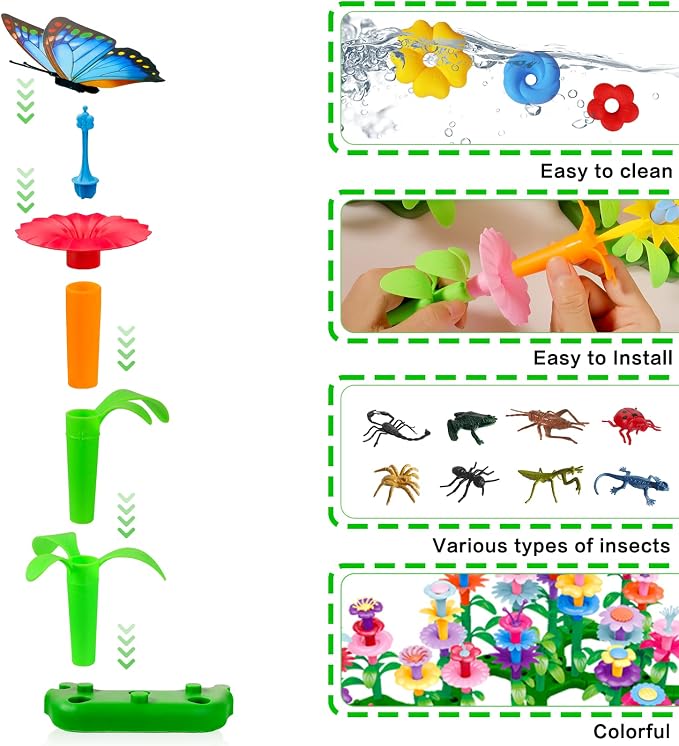 Birthday Toys Gifts for 2 3 4 5 6 Years Old Toddler Girls Boys, 156 PCS Insect Flower Garden Building Educational STEM Learning Pretend Play Gardening Set, Birthday Gifts for Preschool Kids Age 2+