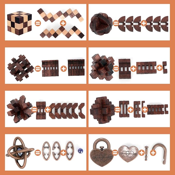 Mytothfy Brain Teaser Puzzles for Adults Teens Kids, 3D Puzzle Game Toys | 8 Pcs Metal & Wooden Unlock Interlocking Puzzle for Adults Teens, IQ Education Smart Toys, Train Family Games Party Favor