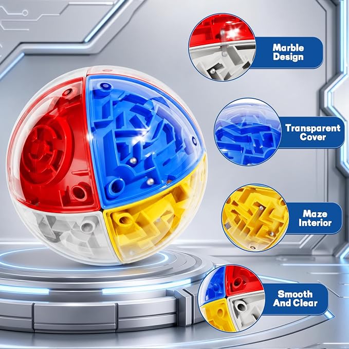 3D Maze Cube Ball Puzzle Brain Teaser for Adults & Kids, Educational Learning Toys Logical Thinking, Family Board Games Tabletop, Durable Puzzle Cube (White&Blue&Red&Yelllow-D, 3.3x3.3x3.3)