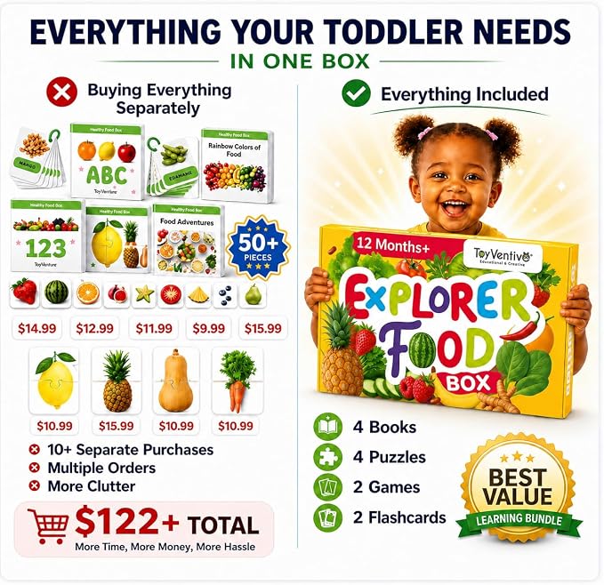 TOYVENTIVE Preschool Learning Activities – Montessori Toddler Toys with Educational Flashcards, Matching Games and Food-Themed Activity Cards for Early Skills, Visual Recognition – Ages 1 & 2