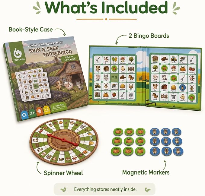 Travofun Farm Bingo Game, Magnetic Travel Toy for Kids 3 and Up, Ideal for Road Trips