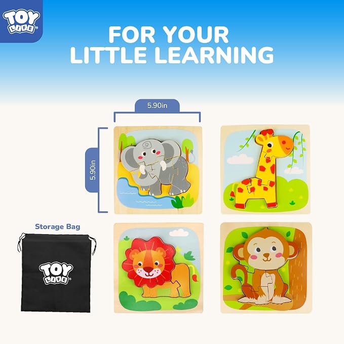 TOY Life Wooden Puzzles for Toddlers 2-4, Montessori Toys for 1 2 3 Year Old Boys Girls, 4 Piece Animals Puzzles Educational Learning Toys, Birthdays Gifts Toy for 2 Year Old Girl Boy