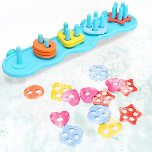 Baby Bath Toys, Mold Free Silcone Shape Sorting & Stacking Bath Toy Set | with 20 Textured Floating Puzzle Toys, No Hole Design, Soft Color & Shape Sorter for Toddler Early Learning Bathtub Fun