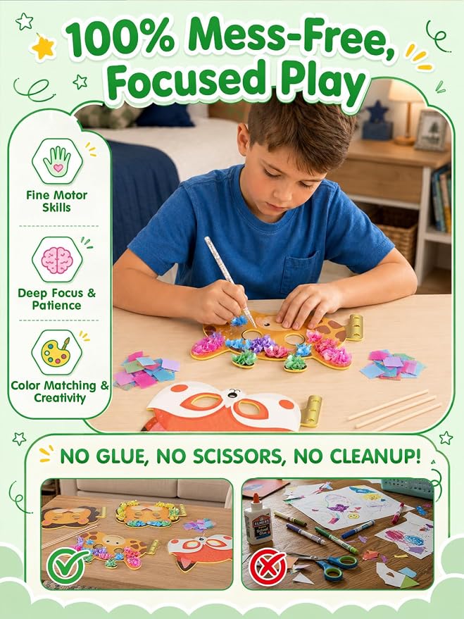 Kivonio Poke Art - Animal Masks, Mess-Free Fun for Kids, DIY Wood Craft Kits, Creative Activity, Gifts for Girls & Boys Ages 4, 5, 6, 7, 8, 9 Fine Motor Skills, Screen-Free