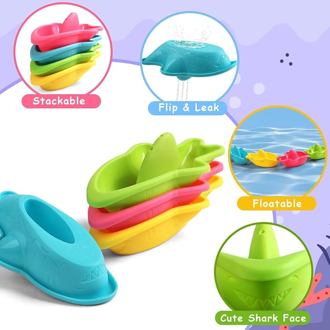 Baby Bath Toys, Mold Free Bath Toys Toddlers 2-4 | Fun Bath Time Play with Stacking Shark Boats, Watering Can & Scoop for Kids Ages 1-3, Toddler Gifts