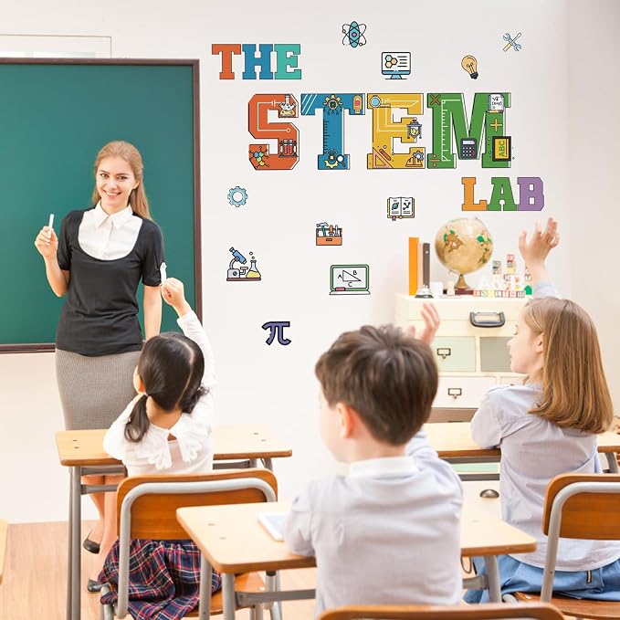 LHIUEM Color The Stem Lab Stickers,Kids Scientist Bedroom Decor,Funny Stem Laboratory Door Decals,Biology Posters,Chemistry Wall Decal,Science Math Mural,Biology Decorations for Classroom Nursery