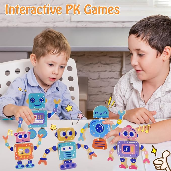28-Piece Wooden Snap-Together Take-Apart Robot Building Blocks for Kids 3-6 | Mix-and-match heads, bodies, arms and legs for varied creations, fine motor practice, problem-solving and open-ended play
