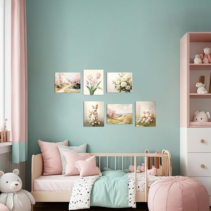 HOURIA 6Pcs Framed Spring Canvas Wall Art(8”x10”), Eggs Bunny Chicks Easter Wall Decor, Vintage Spring Tulip Floral Wildflowers Cottage Landscape Art Prints for Farmhouse Living Room Bedroom Nursery