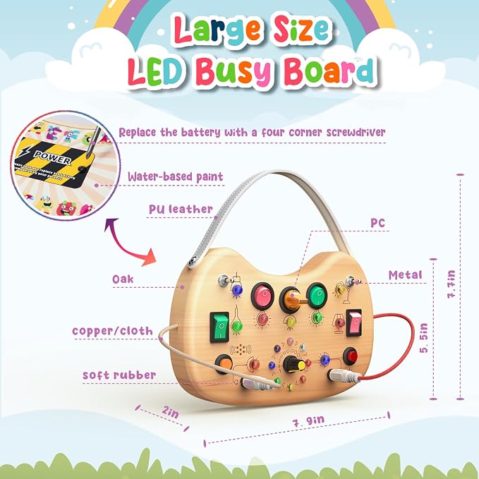 flycoost Montessori Toddler Busy Board,Wooden with 17 LED Lights Switch | | Travel Toys for Toddlers 1-3 Years,Toddler Sensory Activity Boards, Toys for 1 Year Old Girls