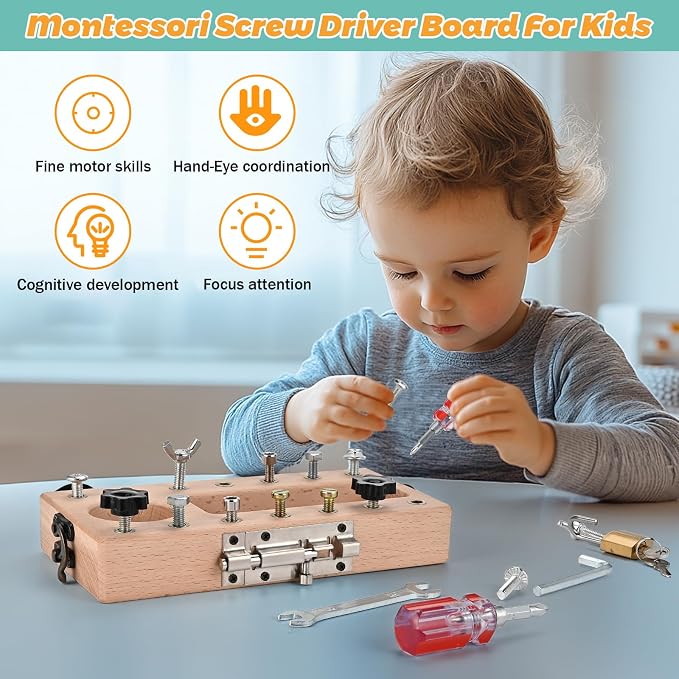 Montessori Screwdriver Board Set with Lock and Key, Montessori Toys for 3 4 5 Year Old, Wooden Screw Driver Activities Tools, Fine Motor Skills Preschool Learning Sensory Toy