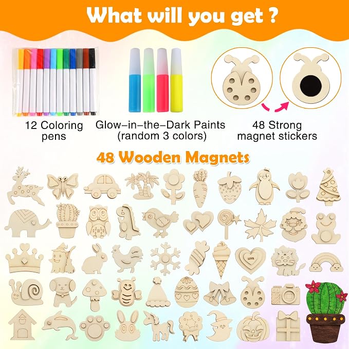 48 Pcs DIY Wooden Magnets, Wooden Art Craft Supplies Painting Kit for Kids | Ages 4-8 8-12 Glow in The Dark Party Favors Goodie Bag Stuffers Birthday Gifts Toys for Boys Girls