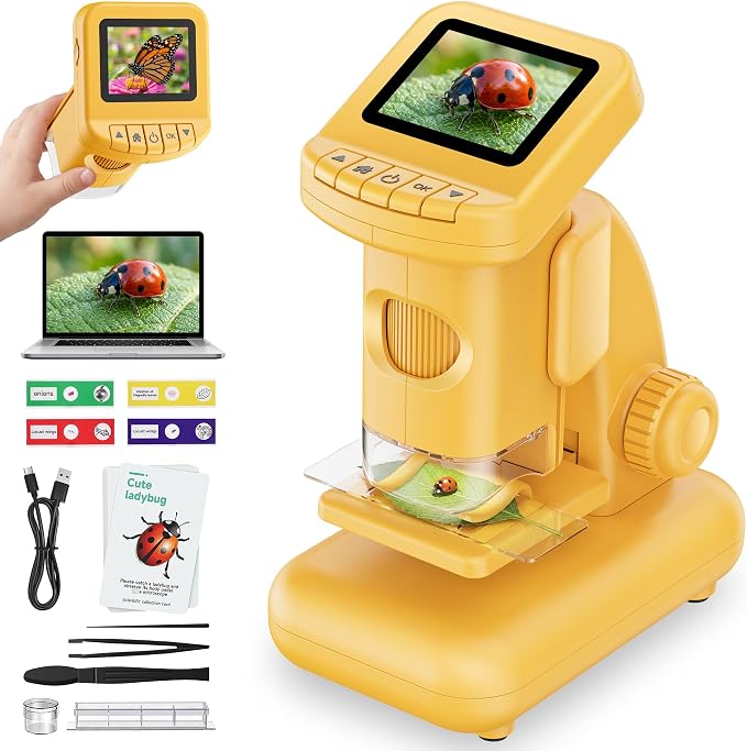 1200X Microscope for Kids, 2 in 1 Handheld & Desktop Digital Microscope with 9 Slides Science Kit, Portable Microscope HD Screen Video Record, STEM Educational Toys Gifts for Ages 6-12 Boys Girls