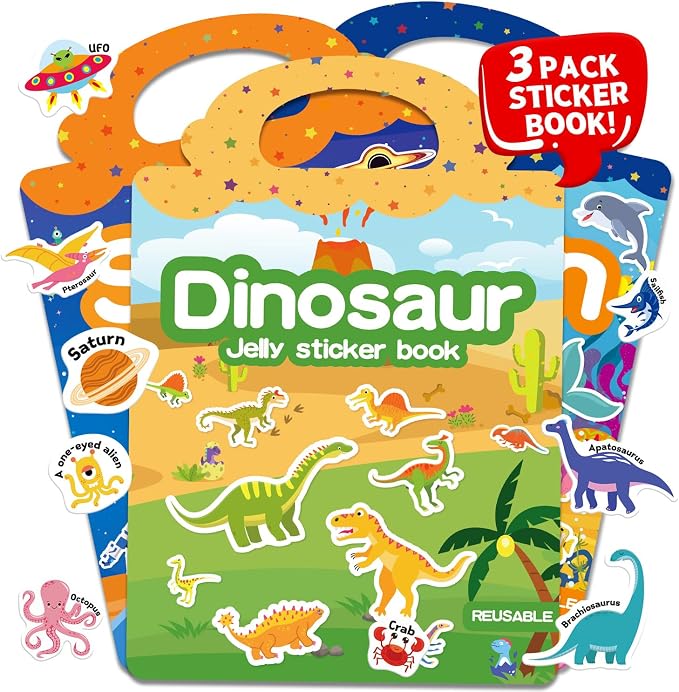 3 Sets Reusable Sticker Book for Toddlers 3-6, Jelly Sticker Books for Toddler, Travel Sticker Activity Toys for Kids 3 4 5 6 Years Old Girls & Boys（Ocean + Space + Dinosaur）