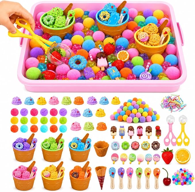 Cinrobiye 234 Pcs Ice Cream Sensory Bin Fillers Summer Sweet Treat Dessert Sensory Bin Items Filler Fine Set with Tools Storage Box Pompoms for School Home Activities Sorting Counting Decor