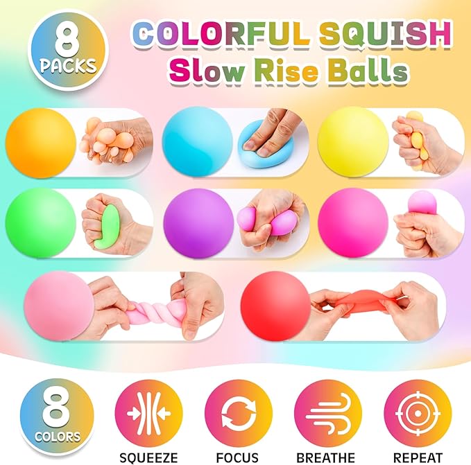 VISCOO 8 Pack Slow Rising Stress Ball,Stress Balls for Adults,Fidget Toys | Hand Therapy Sensory Squishy Ball for Stress Relief, Squishy Toys,Treasure Prize Box Toys for Kids Classroom