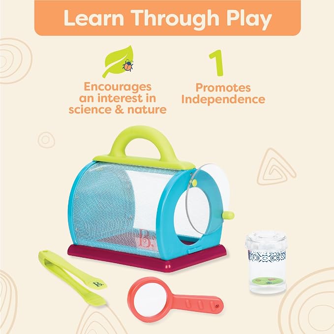 B. toys Bug Bungalow Bug Catching Kit with Mesh Bug House Case, Summer | 4-piece insect catching kit with mesh case, magnifying container, tweezers, magnifier, carry handle for nature play, 3+ Years