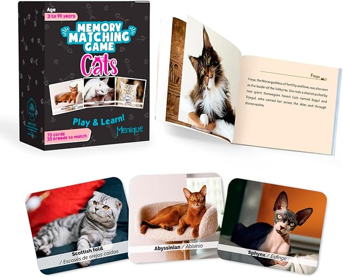 Menique – Cats Memory Matching Game – Bilingual – 70 Cards (35 Pairs) with Real Photos – Includes Fact Booklet – Educational Matching Game for Kids and Adults