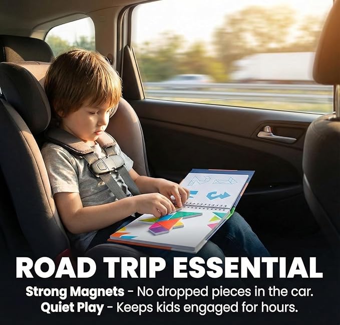 TRAVOFUN Magnetic Tangram Puzzle | Travel Games for Kids Ages 4-8 | Travel tangram puzzle with 7 magnetic pieces and 56 challenges builds spatial thinking in a compact 6.5-inch activity book.