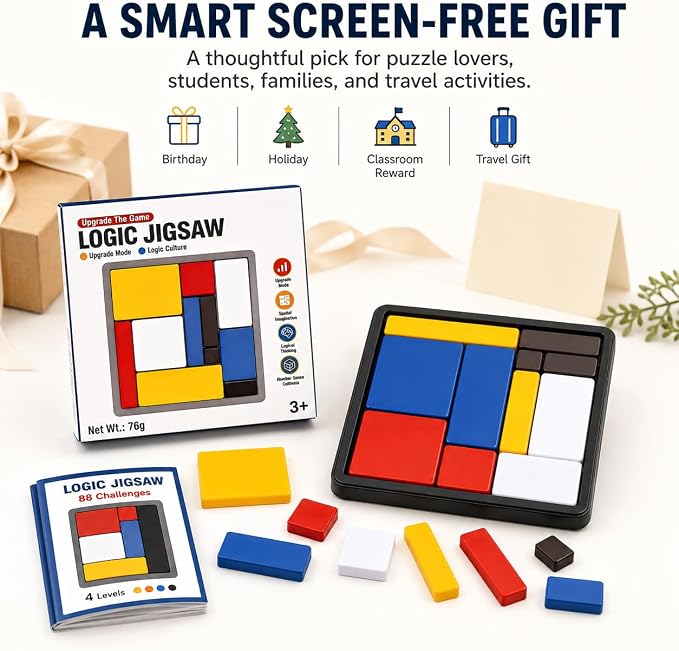 Logic Puzzle Brain Teaser Game for Kids and Adults, 88 Challenges with 4 Difficulty Levels, Portable Travel Puzzle Set for Brain Training and Screen-Free Learning by Sooshoom
