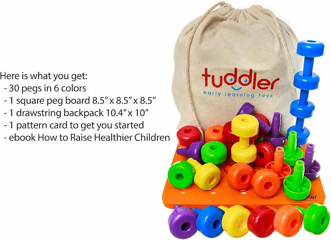 Toddler Peg Board Sensory Montessori Fine Motor Skills Educational Toys - 30 Stackable Pegs + Pattern Card + Drawstring Backpack + E-Book (Orange)