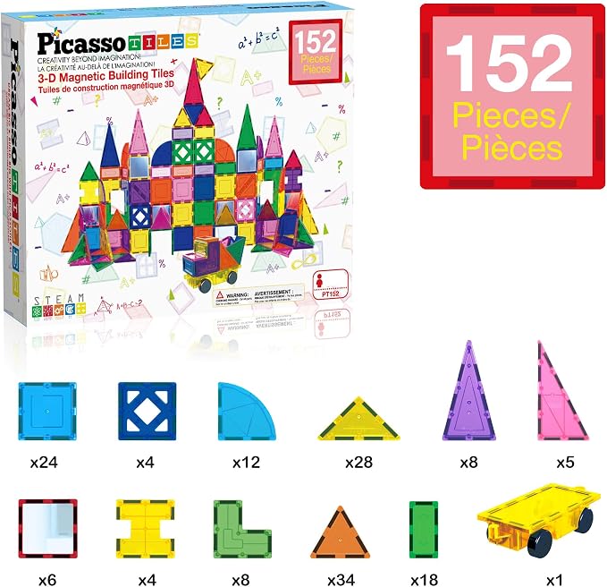 PicassoTiles 152 Piece Magnetic Tiles, Mirror Theme STEM Building Ages 3+ | Reflective finish pieces, connects from any angle, includes bonus car, compact storage case, screen-free sensory play