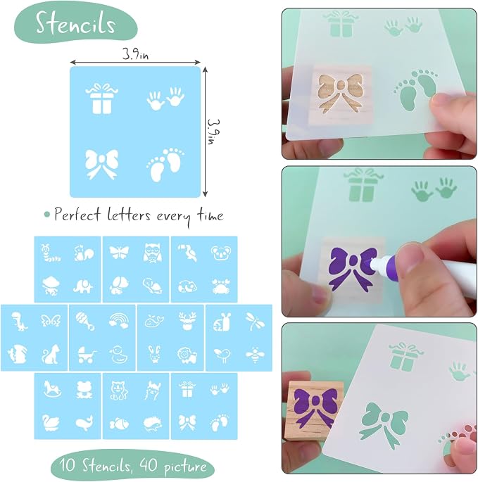 117 Pcs Baby Shower Blocks to Decorate Game Kit Includes 52 Wooden Blocks 24 Markers 1 Game Sign 40 Templates to Paint (Leaf)
