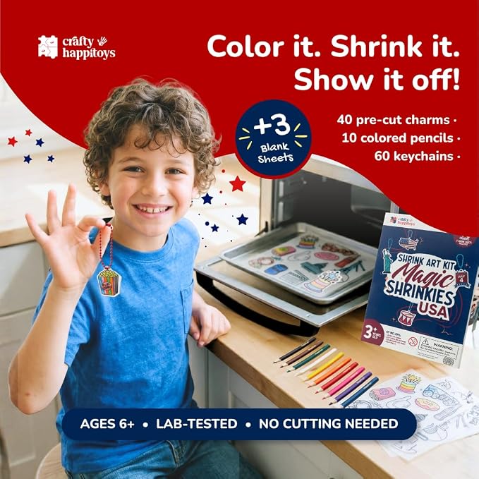 Shrink Art Keychain Kit for Kids - 40 Pre Cut USA Charms to Color & Bake | Kids color 40 pre-cut USA shrink plastic charms, bake & shrink them into keychains & bag tags - 10 colored pencils included