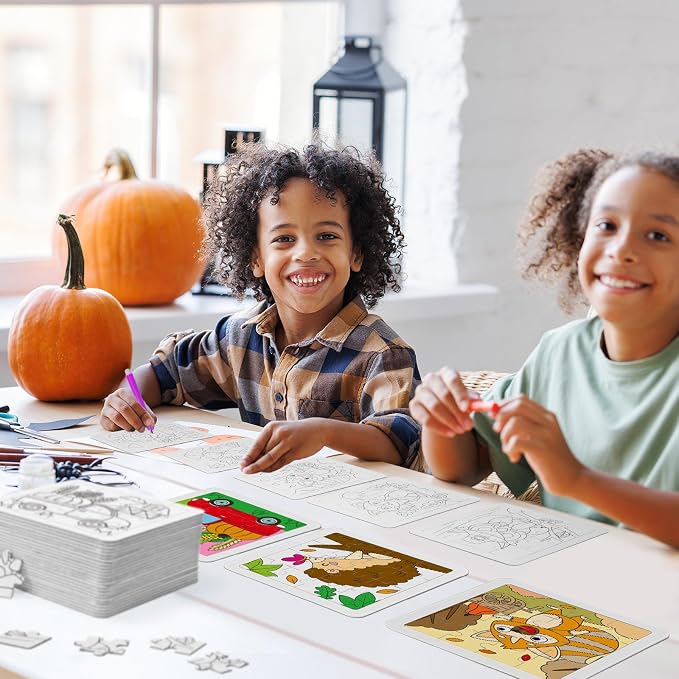 Cinrobiye 24 Set Fall Coloring Jigsaw Craft Kit for Kids, DIY Autumn Activity Set Bulk with Pumpkin Leaf Turkey Owl Designs, Thanksgiving Party Favors, Classroom Art Projects