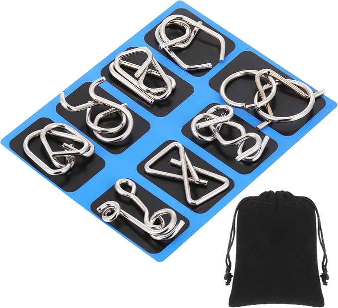 8 Pack Brain Teaser Puzzles Metal Wire Ring with Pouch,C Style | IQ Test Disentanglement Unlock Challenge, Portable Storage Pouch, Mind-bending Interlock Game for Party Favor Entertainment