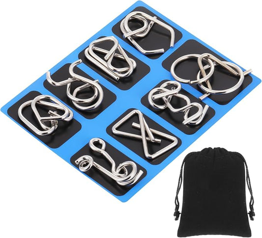 8 Pack Brain Teaser Puzzles Metal Wire Ring with Pouch,C Style | IQ Test Disentanglement Unlock Challenge, Portable Storage Pouch, Mind-bending Interlock Game for Party Favor Entertainment