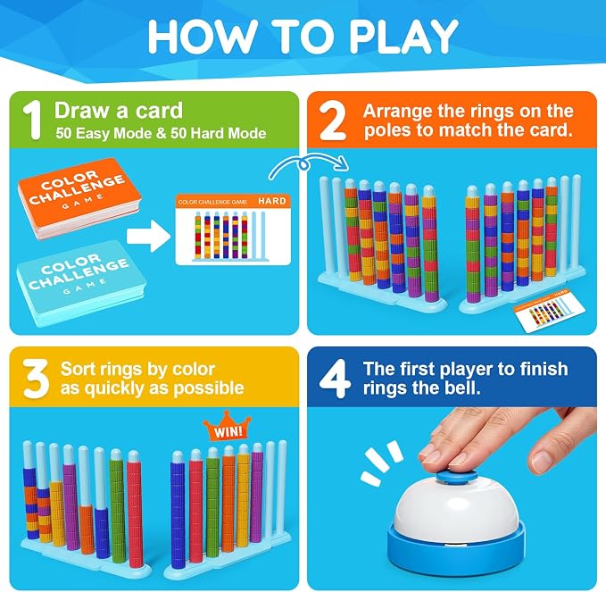 2 Pack Color Challenge Game – 2 Players Color Matching Puzzle Game, Fun Board Game for Kids 6-8-12, Adults, Party & Family Game Night, Stacking Game with 2 Stack Racks, 100 Cards, 120 Rings & Bell