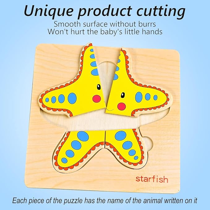 8pcs Wooden Puzzles for Toddlers 1-3, Toddler Puzzles Ages 2-4 | Montessori Toys for 1-3+ Years Girl Boy, Sea Animal Puzzle for Kids, Jigsaw Puzzle Educational Preschool for 1-4