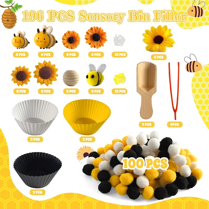 196Pcs Sensory Bin Filler, Fine Motor Toys Bee Themed Sensory Bin Items Counting Sorting Toy Colorful Pom Poms Cup Bee Honeycomb Wooden Scoop for Preschool Education Activities