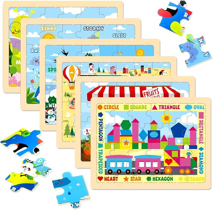 Montessori Wooden Puzzles for Toddlers 3-5, 6 Packs 24Pcs Solar System Learning Toys, Educational Preschool Puzzle Set, Toys for Kids Age 3 4 5 6 7 8, Birthday Gift for Boys Girls（Season）