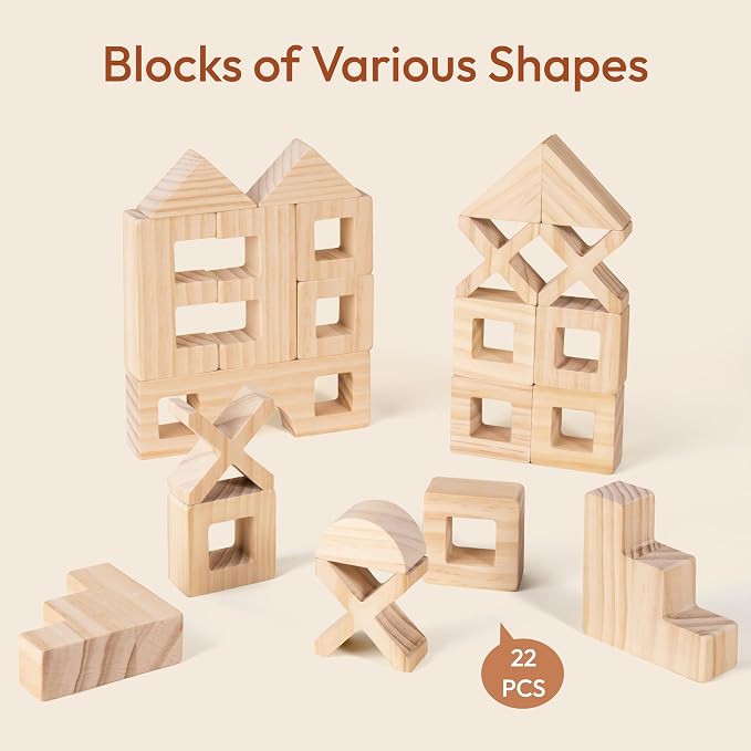 Woodtoe 47 PCS Rainbow Blocks Set, Wooden Building Blocks for Kids Ages 3-6 | Montessori Stacking Blocks Toys, 25 Gem Blocks, 22 Wooden Blocks, Educational STEM Creative Birthday Toys Gifts for Boy Girl