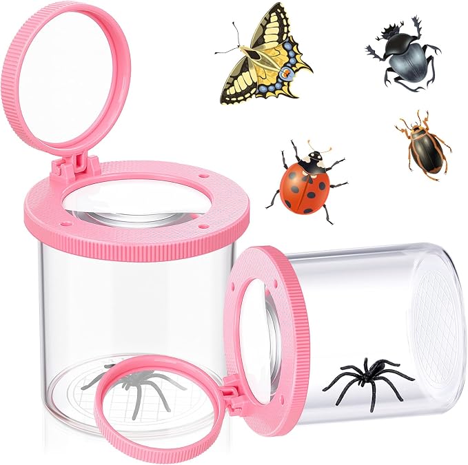 Skylety 2 Pieces Bug Jars Insect Viewer Catcher Bug Magnifying Insect Cage Container for Kids Children Science Nature Exploration Tool (Pink)