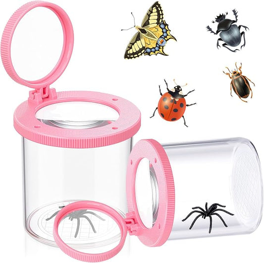 Skylety 2 Pieces Bug Jars Insect Viewer Catcher Bug Magnifying Insect Cage Container for Kids Children Science Nature Exploration Tool (Pink)