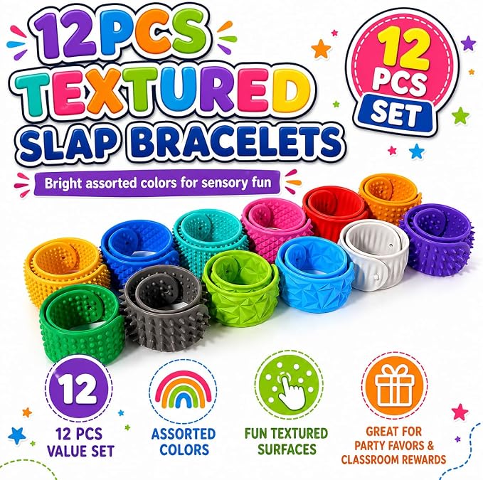 KLT Silicone Slap Bracelets 12 Pack with 6 Textures | Reusable storage boxes, quiet wearable fidgets, classroom rewards, office desk toys, travel activities, party favors